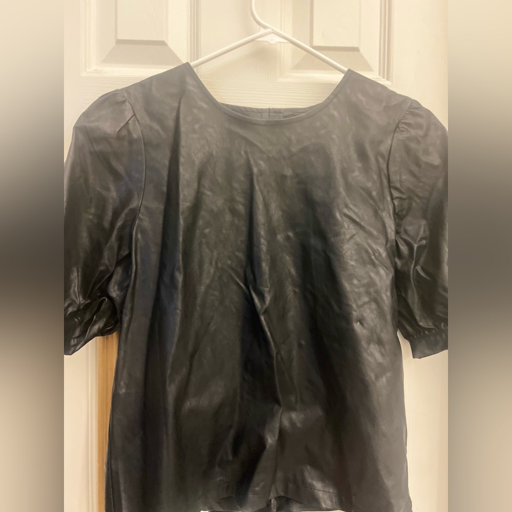 Who What Wear Black Faux Leather Puff‎ Sleeve Top @//